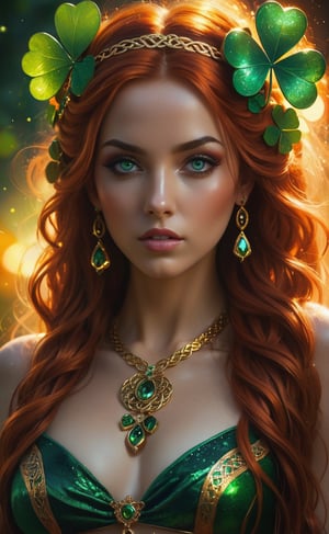 close-up, focus, best, mystery, crazy details, complex composition, Goddess from Celtic mythology, Celtic fairy, long red hair, St Patrick's day, sunset, rich colors, sci-fi, dynamic lighting, full body portrait, woman, radiant and beautiful eyes, dressed in traditional Celtic attire adorned with jewels and celtic symbols, a singular iridescent shamrock at night, Joyous, sweet, photorealistic, 2.5D anime, CGSociety, A shamrock that sparkles, reflecting all the colors of the rainbow. Its leaves leave a trail of shimmering light behind. Shamrock with bold patches of color. Crystal iridescence. Gold. Metal. High contrast. Precise details. HD. 8K. Volumetric lighting, Ink, pastel, mysterious atmosphere, complex embroidery, portrait, fine brushwork, frontal composition, pale Watch dynamic footage of black ink flowing: Photorealistic masterpieces in 8k resolution: Aaron Hawkey and Jeremy Mann: Intricate fluid gouaches: Jean Bart tiste monger: Calligraphy: Cene: Colorful watercolor art, professional photography, natural light, volumetric light maximization photography Image: by marton bobzert: 8k resolution concept art intricate, elegant, vast, fantasy, psychedelic realism, octane render, dripping paint, nightmare flames, eye details, cinematic, 
