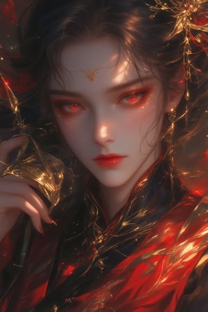 Anime-style close-up of a handsome man in a shaman-style outfit, wearing black, gold, and maroon, in a magical realism aesthetic. The scene is vibrant and detailed, with soft lighting that highlights the intricate details of the outfit and the man's expressive eyes. The composition focuses on his face and the ethereal outfit, capturing the blend of realism and fantasy in the Niji style.