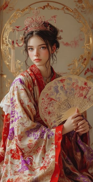 stunningly beautiful flawless beauty young woman with a silk fan hyper realistic hyper detailed, colour gradation between red, pale yellow and purple, ornate lace trimmed silk fan, niji6