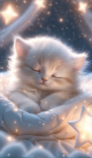 A peaceful scene featuring a baby kitten, softly sleeping on a cloud-like bed surrounded by twinkling fairy lights. The kitten has soft white fur, its tiny paws curled up near its face, creating an adorable and serene image. Next to the kitten is a glowing star-shaped nightlight, casting a gentle, warm glow over the cozy bedding. The entire scene feels calm and dreamy, with soft, fluffy blankets and delicate lighting enhancing the magical, peaceful atmosphere. The kitten’s relaxed posture and the soft glow of the lights create a sense of warmth and comfort, making the scene feel like a cozy dream world filled with tranquility and innocence