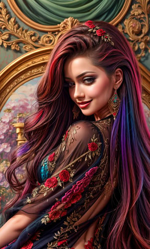 masterpiece, 4K, best quality, beautiful girl wearing a organza couture dress embroidered with multicolored lace and precious stones, elegant room landscape, smiling, elegant, (top quality, best quality, official art, beautiful and aesthetic:1.2), extreme detailed, highest detailed, (watercolour painting:1.3), optical mixing, playful patterns, lively texture, unique visual effect, (light painting), dynamic streaks, extreme detailed, black paintings, red and black, candid moments captured, slumped, draped, hc_gown