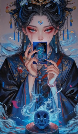 blue eyes, holding, solo, looking at viewer, jewelry, facial mark, earrings, 1girl, upper body, long sleeves, blood, forehead mark, flower, tassel, black hair, makeup, chinese clothes, hair ornament, eyeshadow, talisman, hand up, covered mouth, skull, fingernails, eyelashes, blue hair, blue theme, wide sleeves, long hair, holding card, beads