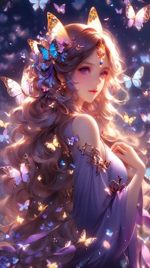 Niji Goddess with butterfly hair and butterfly wings in her hair, butterfly, harmony of butterfly, butterfly lighting, beautiful anime art style, beautiful anime portrait, purple ribbons, beautiful anime style, by Tetsugoro Yorozu, by Torii Kiyomitsu, butterflies, anime wallaper, flowers and butterflies, wlop loish and clamp style, butterfly jewelry,Spirit Fox Pendant,niji-5,Dark_Fantasy_Style