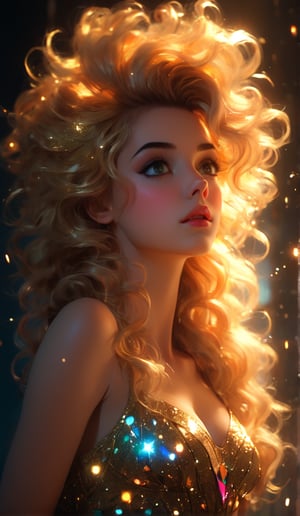 realistic beautiful young (Dazzler by Conrad Roset, Nicola Samori), (purposefully beautiful:1.4), (1920s pinup girl, large eyes, cute face, long hair, golden hair), highly detailed, vibrant, production cinematic character render, ultra high quality model, (Full HD render + immense detail + dramatic lighting), (light particles, lens flare:1.3), (view from below:1.5),
