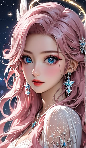 An angel with pink hair, big dark blue eyes, like stars, long and long eyelashes, wearing a white dress, delicate makeup, cute expression, a pair of white wings, with crystal earrings and necklace, front, upper body, background abstract, Korean comic style, fairy tale elements, soft colors and detail description, perfect detail, 16k HD resolution