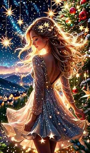 "Create an enchanting scene of a 25 young girl dancing of a hill under a fireworks sky, hanging a Star Sparklers, lost in contemplation. Celebrating New Year. Capture the serene landscape of a christmas lush village, adorned with Christmas tree. serene and hopeful look, she is wearing a beautiful luxury dress reflecting the carefree ambiance of the night. Emphasize the movement of her hair swaying in the wind, adding a dynamic touch to the composition. Include elements such as christmas ligths to enhance the dreamlike atmosphere of the celestial christmas. Highlight any accessories or items she may hold, contributing to the narrative. Illuminate the scene with the soft glow from the stars above and ambient ground lights. In this 300-character prompt, weave a visual tale of a thoughtful girl navigating the hill, merging the tranquility of nature with the magic of the night sky.",High detailed ,firefliesfireflies,yofukashi background,LinkGirl,skptheme