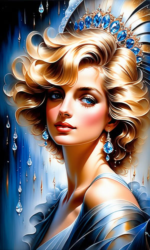 (A mesmerizing piece of art captures the essence of Nachtmusik, an enchanting Princess Diana, Diana de gales, The image, a painting on a grand canvas, depicts her with flowing blond hair cascading down her shoulders, framing a face adorned with striking features. Her blue glittering eyes, pools of mystery, seem to hold untold secrets, crystal drops cascade, while her ethereal smile evokes fascination. The artist skillfully portrays her graceful posture and elegant attire, a reflection of her allure and charm. Every brushstroke conveys a sense of dreamlike enchantment, imbuing the image with a captivating aura. This exceptional artwork skillfully captures the essence of Nachtmusik's captivating allure, leaving viewers enchanted by her beauty and the intricate details of the painting), Detailed Textures, high quality, high resolution, high Accuracy, realism, color correction, Proper lighting settings, harmonious composition, Behance works,Cinematic,IMGFIX,ct-jeniiii