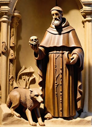 masterpiece, full body stone sculture of Saint Francis of Assisi, 30 years old, standing, sandals, man, beard, monk tonsure, masculine, large brown habit, with a skull in one hand, in the company of a wolf,on parchment,HellAI,fire,Movie Still,oni style