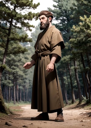 masterpiece, full body portrait Saint Francis of Assisi, standing, (looking at viewer:1.2), man, beard, monk hairstyle, masculine, brown habit, in company of a wolf| outdoors, forest, (day time), cinematic, | depth of field, bokeh,