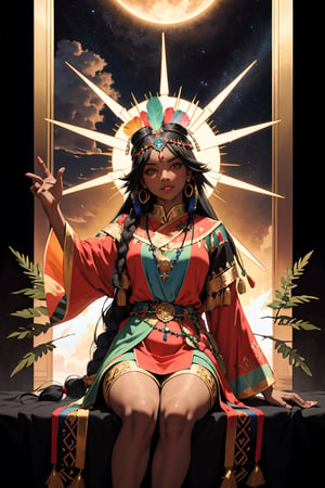 Tarot card with a frontal fullbody portrait of a dark-skinned Inca princess with a multicolored feather headdress | one-piece winter dress | gold earrings with representation of the sun | native | incredibly detailed | ornaments | high definition | conceptual art | digital art | vibrant, Magical Fantasy style, z1l4, wo_fmmika01, futureaodai, hyperanim, ti4r4, cloud, sky, EpicSky, arcane, EpicArt
