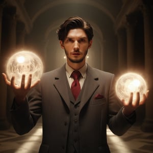 Ben Barnes, 1man, (((scrawny evil dark man))), (black aura), (((an attractive white man))), (35 yo),(((latin peruvian))), ((((slender body, short hair,black hair,brown eyes, round face)))), ((medium stuble beard, 80s hairstyle, side part haircut)), villainous,((wearing black shirt, red tie,grey suit, baggy suit)), thick eyebrows,sleazy, dark magic, dark fantasy, fantasy, high fantasy, realistic, cinematic lighting, , 8k, in museum, indoor, night, scary, bones, facing in front, ((portrait close-up)),thug, Arcane Architect, man, radiating an aura of controlled power, arms outstretched slightly upwards reaching for the orb, connection with space, (art by Loish, Leyendecker, James Gilleard), spotlight,Masterpiece,tag score,