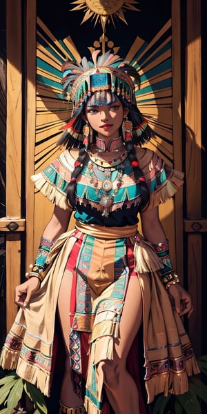 Tarot card with a frontal fullbody portrait of a dark-skinned Inca princess with a multicolored feather headdress | one-piece winter dress | gold earrings with representation of the sun | native | incredibly detailed | ornaments | high definition | conceptual art | digital art | vibrant,Gardenia_Portraits