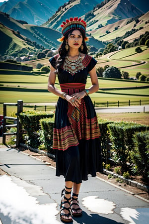 masterpiece, ultra high res, absurdres, fullbody dark-skinned inca princess, (multicolor feather headress),  dressed in (one-piece winter dress with a ethnic  pattern:1.2), dress without neckline and short sleeves. She has medium-length, long black hair. She also wears big round earrings and gold bangles, sandals, gold jewelry sun representation, looking at viewer,dynamic pose, dutch angle, andean mountains background,cap, beizu style,JoeMad