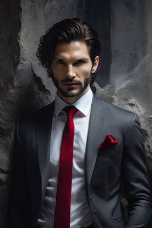 Ralph Fiennes, Ben Barnes, 1man, (((an attractive white man))), (((scrawny evil dark man))), (dark aura), (35 yo),(((peruvian))), ((((slender body, short hair,black hair,brown eyes, round face)))), ((medium stuble beard, 80s hairstyle, side part haircut)), villainous,((((wearing in black shirt, red tie,grey suit)))), thick eyebrows,sleazy, dark magic, dark fantasy, fantasy, high fantasy, realistic, cinematic lighting, 8k, in stone room, indoor, night, scary, facing in front, ((portrait close-up)),thug, Arcane Architect, radiating an aura of power,he holds an energetic white orbe in hands, connection with the elements, highly detailed image. Art's Style by Jeszika Le Vye + Dang My Linh + Dan Volbert + Rachel Walpole + Alyn Spiller.