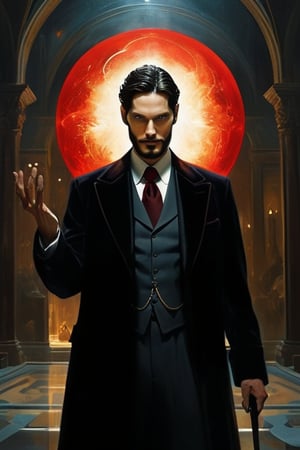 Ben Barnes, 1man, (((scrawny evil dark man))), (black aura), (((an attractive white man))), (35 yo),(((latin peruvian))), ((((slender body, short hair,black hair,brown eyes, round face)))), ((medium stuble beard, 80s hairstyle, side part haircut)), villainous,((wearing black shirt, red tie,grey suit, baggy suit)), thick eyebrows,sleazy, dark magic, dark fantasy, fantasy, high fantasy, realistic, cinematic lighting, , 8k, in museum, indoor, night, scary, bones, facing in front, ((portrait close-up)),thug, Arcane Architect, man, radiating an aura of controlled power, arms outstretched slightly upwards reaching for the orb, connection with space, (art by Loish, James Gilleard), spotlight,Masterpiece,