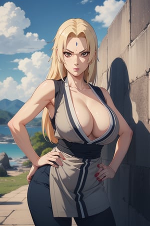 1girl, solo, ((Tsunade Senju)), long hair, breasts, looking at viewer, blonde hair, big breasts, cleavage, narrow waist, wide hips, slim fit body, brown eyes, standing, outdoors, sleeveless kimono-style grey minidress, sky, day, blue pants, hand on hip, blue obi sash, facial mark, mature female, forehead mark, tsunade \(naruto\),tsunadedef, makeup, tsunade, blonde_hair, brown_eyes, Tsunade, forehead_diamond,