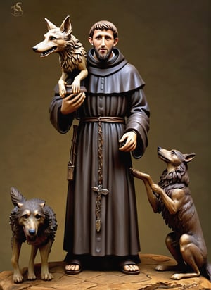 (masterpiece),(ultra realistic), (Highly detailed), ((full body sculpture of a young Saint Francis of Assisi)), ((28 years old)), standing, sandals, beard, large brown habit, (holding a skull in his hand), a happy wolf at the side,aw0k geometry,detailmaster2,digital painting,6000,Long hair ,Black hair ,renaissance,dfdd,EpicSky,2d_animated,fauna_portrait