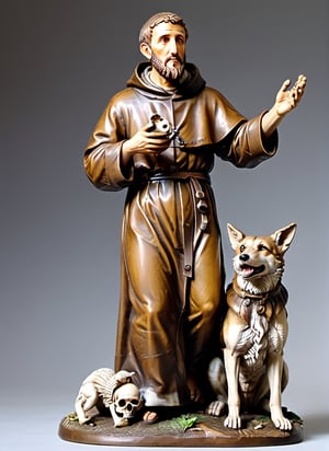 (masterpiece),(ultra realistic), (Highly detailed), ((full body sculpture of a young Saint Francis of Assisi)), ((28 years old)), standing, sandals, beard, large brown habit, (holding a skull in his hand), a happy wolf at the side,aw0k geometry,detailmaster2