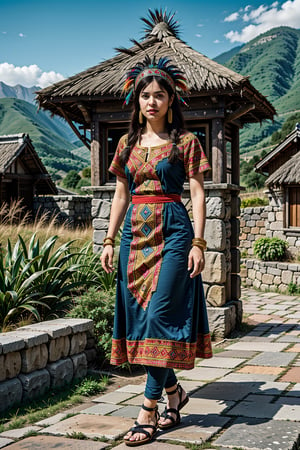 masterpiece, ultra high res, absurdres, fullbody dark-skinned inca princess, (multicolor feather headress),  dressed in (one-piece winter dress with a ethnic  pattern:1.2), dress without neckline and short sleeves. She has medium-length, long black hair. She also wears big round earrings and gold bangles, sandals, gold jewelry sun representation, looking at viewer,dynamic pose, dutch angle, andean mountains background, crops on stone terraces, small stone buildings with thatched roofs and trapezoidal windows and doors, High detailed 