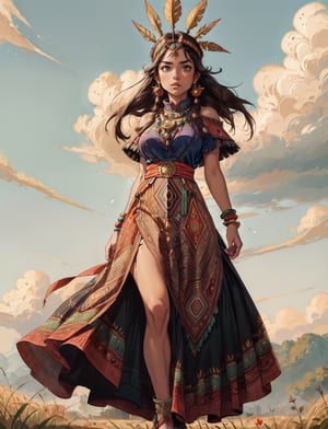 masterpiece, best quality, highly detailed, colorful, top, solo, realistic, ((full body shot of an attractive inca princess with multicolor feather headdress)), (dark-skinned), dressed in (one-piece winter long dress with a ethnic pattern:1.5), sandals, gold bangles, (big round gold earring), (posing candidly in an open field), (long hair, dark hair), slender, (surprised:1.8), wind:1.4, (ultra realistic), detailed face, detailed body, red-orange sky, clouds, greenery, green plains, , (cinematic, colorful)), huge field, (extremely detailed), Studio Ghibli inspired,EpicSky,clouds,hourglass body shape,sky,detailed skin texture and pores,film grain,real lighting,grainy,Instagram LUT,forest eyes,fish-eye lens,extremely detailed eyes,High detailed ,3DMM