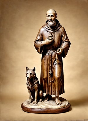 masterpiece, full body stone sculture of Saint Francis of Assisi, 30 years old, standing, sandals, man, beard, monk tonsure, masculine, large brown habit, with a skull in one hand, in the company of a wolf,on parchment