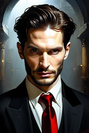 Ralph Fiennes, Ben Barnes, 1man, (((an attractive white man))), (((scrawny evil dark man))), (black aura), (35 yo),(((peruvian))), ((((slender body, short hair,black hair,brown eyes, round face)))), ((medium stuble beard, 80s hairstyle, side part haircut)), villainous,((((wearing in elegant black shirt, red tie,grey suit)))), thick eyebrows,sleazy, dark magic, dark fantasy, fantasy, high fantasy, realistic, cinematic lighting, , 8k, in stone room, indoor, night, scary, bones, facing in front, ((portrait close-up)),thug, Arcane Architect, radiating an aura of power,he holds an small energetic light in hands, connection with the elements, (art by Loish, Leyendecker, James Gilleard), spotlight,Masterpiece,