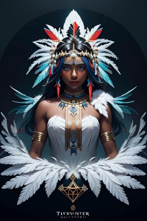 tarot card with dark skin inca princess with multicolor feather headress | white winter dress  | native | insanely detailed | embellishments | high definition | concept art | digital art | vibrant, 