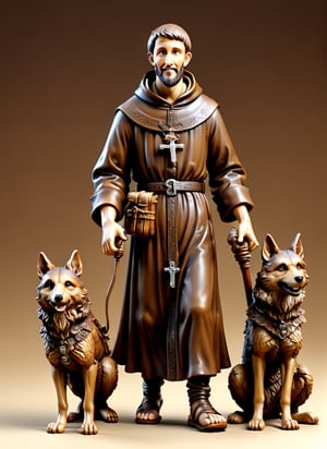 (masterpiece),(ultra realistic), (Highly detailed), ((full body sculpture of a young Saint Francis of Assisi)), ((28 years old)), standing, sandals, beard, large brown habit, (holding a skull in his hand), a single happy wolf at his side,male,mascot logo,3d toon style,ActionFigureQuiron style