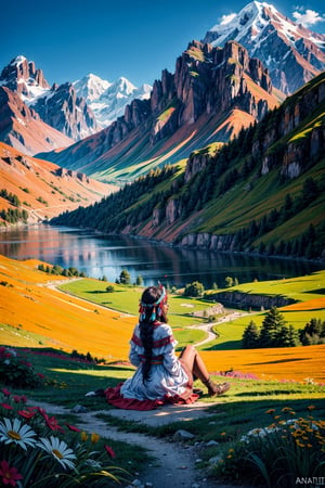 masterpiece, best quality, High resolution, View looking down from the top of the mountain, (Back view of a dark skinned girl sitting on top of a mountain), (wearing a white dress and feather headress), mountain flowers are blooming around her, in the valley ahead is a large lake, ((There is a large inca seetlement on the other side of the lake)), around the lake is a meadow with a andean forest of use trees in places, andean mountains, stone pedestrian paths, reed horses in lake, andean terraces, corn crops