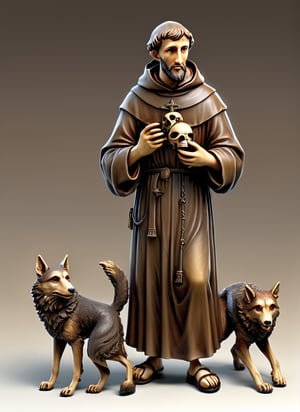 (masterpiece),(ultra realistic), (Highly detailed), ((full body sculpture of a young Saint Francis of Assisi)), ((28 years old)), standing, sandals, beard, large brown habit, (holding a skull in his hand), a happy wolf at the side,aw0k geometry,detailmaster2,digital painting,6000,Long hair ,Black hair ,renaissance,dfdd,EpicSky,2d_animated,fauna_portrait,Germany Male,High detailed ,Red eyes ,France Male,Leonardo Style