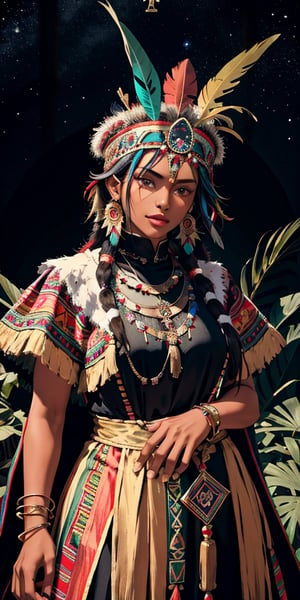 Tarot card with a frontal fullbody portrait of a dark-skinned Inca princess with a multicolored feather headdress | one-piece long winter dress | round gold earrings | gold bracelet | collarless dress | native | incredibly detailed | ornaments | high definition | conceptual art | digital art | vibrant,tibet,wearing wrenchpjbss