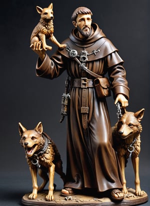 (masterpiece),(ultra realistic), (Highly detailed), ((full body sculpture of a young Saint Francis of Assisi)), ((28 years old)), standing, sandals, beard, large brown habit, (holding a skull in his hand), a single happy wolf at his side,ActionFigureQuiron style,Wizard,cyberpunk style,steampunk style,detailmaster2