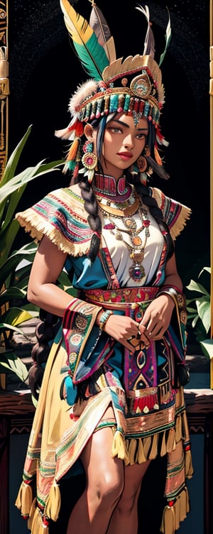 Tarot card with a frontal fullbody portrait of a dark-skinned Inca princess with a multicolored feather headdress | one-piece winter dress | gold earrings with representation of the sun | native | incredibly detailed | ornaments | high definition | conceptual art | digital art | vibrant,Gardenia_Portraits