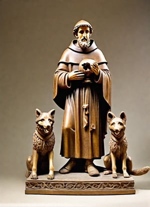 masterpiece, (full body stone sculpture of a young Saint Francis of Assisi), ((28 years old)), standing, sandals, beard, monk tonsure, large brown habit, (holding a skull in his hand), 
a happy wolf at the side