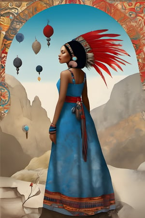 Neo Surrealism, overwhelmed by reason, by Gabriel Pacheco and Max Ernst, existential residues dark shines surrealism, blue, light gray and red color scheme, (dark-skinned girl),  (multicolor feather headress),  dressed in (one-piece winter long dress with a ethnic  pattern:1.5),  inca princess,  native peruvian,  dress without neckline and short sleeves. She has medium-length,  long black hair. She also wears big round earrings and gold bangles,  sandals,  gold jewelry sun representation, magical realism bizarre art, pop surrealism, like Alice in wonderland, whimsical art.,Flat vector art