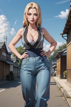 1girl, solo, ((Tsunade Senju)), long hair, breasts, looking at viewer, blonde hair, big breasts, cleavage, narrow waist, wide hips, slim fit body, brown eyes, standing, outdoors, sleeveless kimono-style grey minidress, sky, day, ((blue pants)), hand on hip, blue obi sash, facial mark, mature female, forehead mark, tsunade \(naruto\),tsunadedef, makeup, tsunade, blonde_hair, brown_eyes, Tsunade, forehead_diamond,