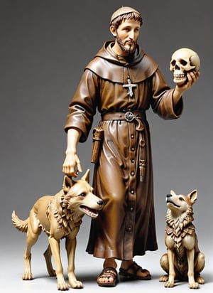 (masterpiece),(ultra realistic), (Highly detailed), ((full body sculpture of a young Saint Francis of Assisi)), ((28 years old)), standing, sandals, beard, large brown habit, (holding a skull in his hand), a single happy wolf at his side
