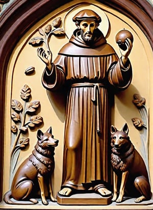 masterpiece, ((full body sculpture of a young Saint Francis of Assisi)), ((28 years old)), standing, sandals, beard, monk tonsure, large brown habit, (holding a skull in his hand), a happy wolf at the side,DonML4zrP0pXL