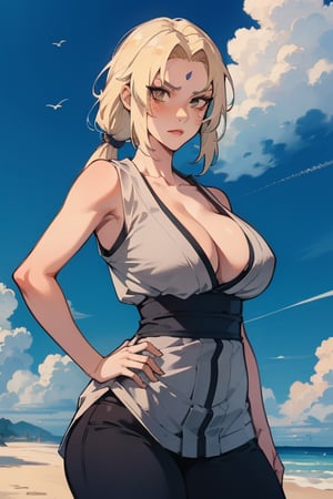 1girl, solo, ((Tsunade Senju)), long hair, breasts, looking at viewer, blonde hair, big breasts, cleavage, narrow waist, wide hips, slim fit body, brown eyes, standing, outdoors, sleeveless kimono-style grey minidress, sky, day, blue pants, hand on hip, blue obi sash, facial mark, mature female, forehead mark, tsunade \(naruto\),tsunadedef, makeup, tsunade, blonde_hair, brown_eyes, Tsunade, forehead_diamond,