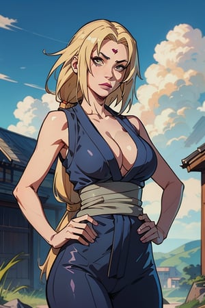 1girl, solo, ((Tsunade Senju)), long hair, breasts, looking at viewer, blonde hair, big breasts, cleavage, narrow waist, wide hips, slim fit body, brown eyes, standing, outdoors, sleeveless kimono-style grey minidress, sky, day, blue pants, hand on hip, blue obi sash, facial mark, mature female, forehead mark, tsunade \(naruto\),tsunadedef, makeup, tsunade, blonde_hair, brown_eyes, Tsunade, forehead_diamond