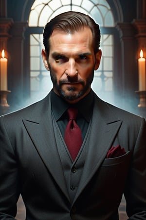 Ralph Fiennes, 1man, (((scrawny evil dark man))), (black aura), (((an attractive white man))), (35 yo),(((latin peruvian))), ((((slender body, short hair,black hair,brown eyes, round face)))), ((medium stuble beard, 80s hairstyle, side part haircut)), villainous,((wearing black shirt, red tie,grey suit, baggy suit)), thick eyebrows,sleazy, dark magic, dark fantasy, fantasy, high fantasy, realistic, cinematic lighting, , 8k, in museum, indoor, night, scary, bones, facing in front, ((portrait close-up)),thug,  Arcane Architect, man, radiating an aura of controlled power, He holds an energetic earth in one hand, connection with the earth, (art by Loish, Leyendecker, James Gilleard), spotlight,Masterpiece,tag score,