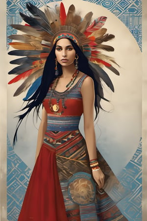 Neo Surrealism, overwhelmed by reason, by Gabriel Pacheco and Max Ernst, existential residues dark shines surrealism, blue, light gray and red color scheme, (dark-skinned girl),  (multicolor feather headress),  dressed in (one-piece winter long dress with a ethnic  pattern:1.5),  inca princess,  native peruvian,  dress without neckline and short sleeves. She has medium-length,  long black hair. She also wears big round earrings and gold bangles,  sandals,  gold jewelry sun representation, magical realism bizarre art, pop surrealism, like Alice in wonderland, whimsical art.,Flat vector art