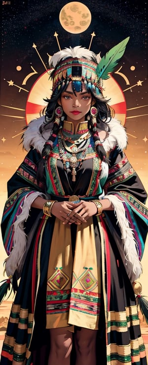 Tarot card with a frontal fullbody portrait of a dark-skinned Inca princess with a multicolored feather headdress | one-piece winter dress | gold earrings with representation of the sun | native | incredibly detailed | ornaments | high definition | conceptual art | digital art | vibrant,tibet,hanfulolita