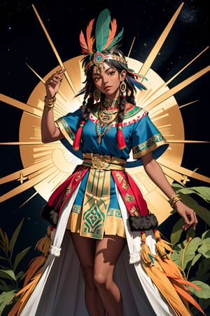 Tarot card with a frontal fullbody portrait of a dark-skinned Inca princess with a multicolored feather headdress | one-piece winter dress | gold earrings with representation of the sun | native | incredibly detailed | ornaments | high definition | conceptual art | digital art | vibrant,tibet,hanfulolita