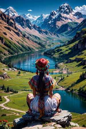 masterpiece, best quality, High resolution, anime style, View looking down from the top of the mountain, (Back view of a dark skinned girl sitting on top of a mountain), (wearing a white dress and feather headress), mountain flowers are blooming around her, in the valley ahead is a large lake, ((There is a large inca temple on the other side of the lake)), around the lake is a meadow with a andean forest of use trees and settlements in places, andean mountains, native american trees,FFIXBG