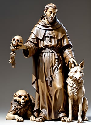 (masterpiece),(ultra realistic), (Highly detailed), ((full body sculpture of a young Saint Francis of Assisi)), ((28 years old)), standing, sandals, beard, large brown habit, (holding a skull in his hand), a happy wolf at the side,aw0k geometry,detailmaster2,digital painting,6000
