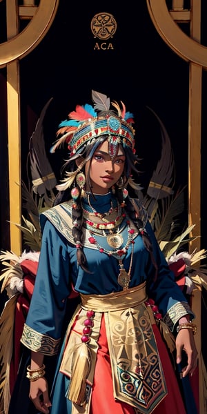 Tarot card with a frontal fullbody portrait of a dark-skinned Inca princess with a multicolored feather headdress | one-piece long winter dress | round gold earrings | gold bracelet | collarless dress | native | incredibly detailed | ornaments | high definition | conceptual art | digital art | vibrant,tibet