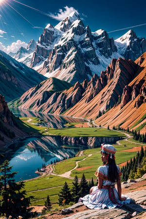 masterpiece, best quality, High resolution, View looking down from the top of the mountain, (Back view of a dark skinned girl sitting on top of a mountain), (wearing a white dress and feather headress), mountain flowers are blooming around her, in the valley ahead is a large lake, ((There is a large ancient peruvian temple on the other side of the lake)), around the lake is a meadow with a andean forest of use trees in places, andean mountains, stone roads, totora horses in lake