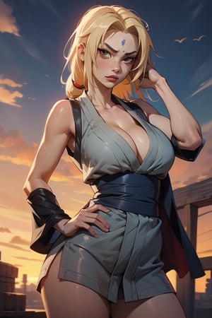 1girl, solo, ((Tsunade Senju)), long hair, breasts, looking at viewer, blonde hair, big breasts, cleavage, narrow waist, wide hips, slim fit body, brown eyes, standing, outdoors, sleeveless kimono-style grey minidress, sky, day, blue pants, hand on hip, blue obi sash, facial mark, mature female, forehead mark, tsunade \(naruto\),tsunadedef, makeup, tsunade, blonde_hair, brown_eyes, Tsunade, forehead_diamond,