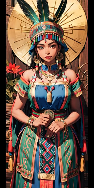 Tarot card with a frontal fullbody portrait of a dark-skinned Inca princess with a multicolored feather headdress | one-piece long winter dress | round gold earrings | gold bracelet | collarless dress | native | incredibly detailed | ornaments | high definition | conceptual art | digital art | vibrant,tibet,wearing wrenchpjbss,ohara koson,neon_nouveau,hanfulolita,gl4ss